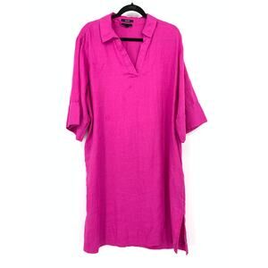 C&A Split Neck Short Sleeve A-Line Linen Dress Womens Size EUR 40 US M Hot Pink